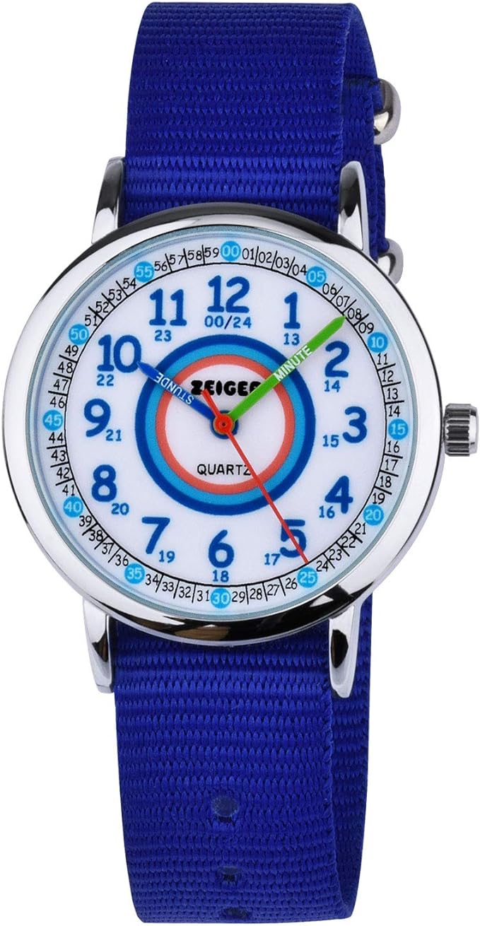 KZKR Montre Enfant garçon Fille Montre Bracelet Éducative pour Enfants Nylon,Time Teacher Analogique avec Exercices,Mécanisme en Quartz Japonais,Facile d’Apprendre à Lire l’Heure