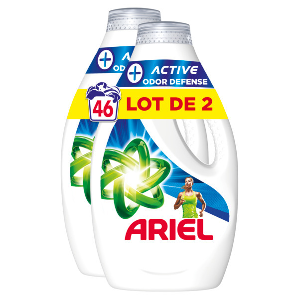 Bouteilles de lessive Ariel Active en promotion chez Intermarché.
