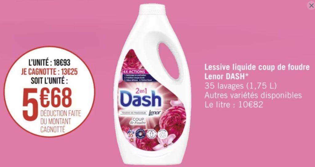 Bon plan pour la Lessive Dash Lenor 2-en-1 gratuite chez Géant Casino - Économisez 18,93€ et gagnez 1,89€ avec cette offre