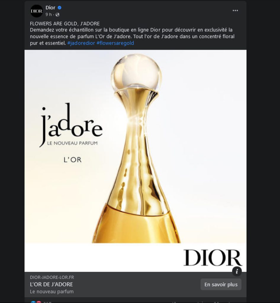 Post Facebook de DIOR présentant le parfum J’adore L’Or.