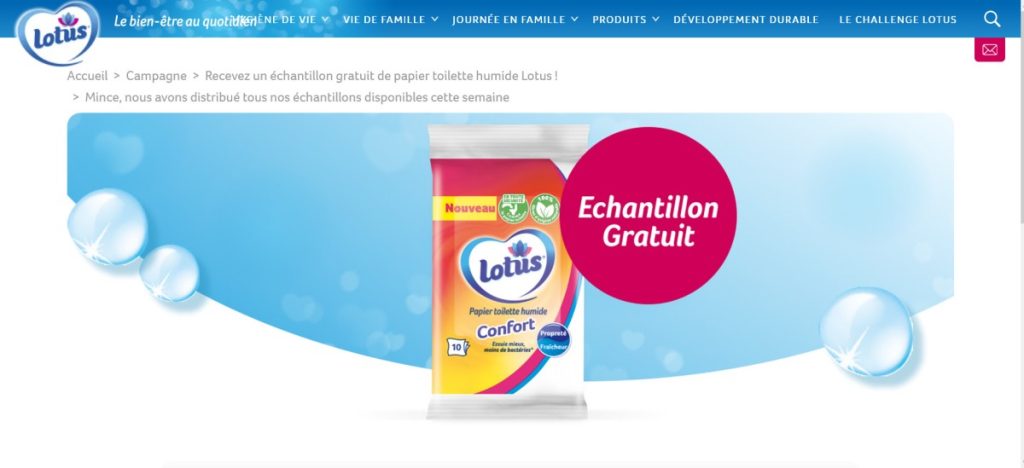 Visuel du bon plan échantillon gratuit papier toilette humide Lotus Confort