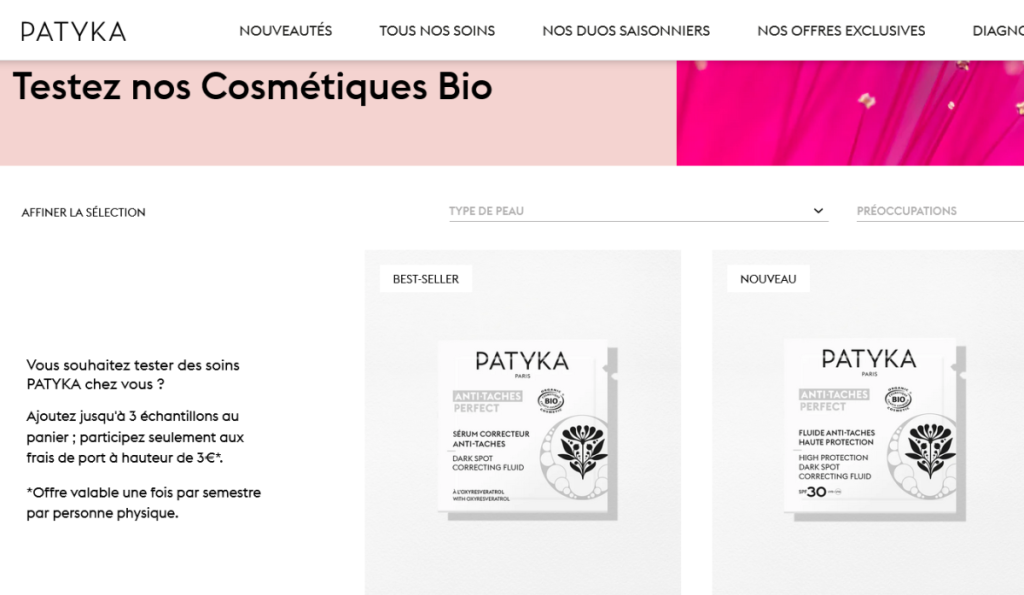 Offre PATYKA : 3 échantillons cosmétiques bio gratuits