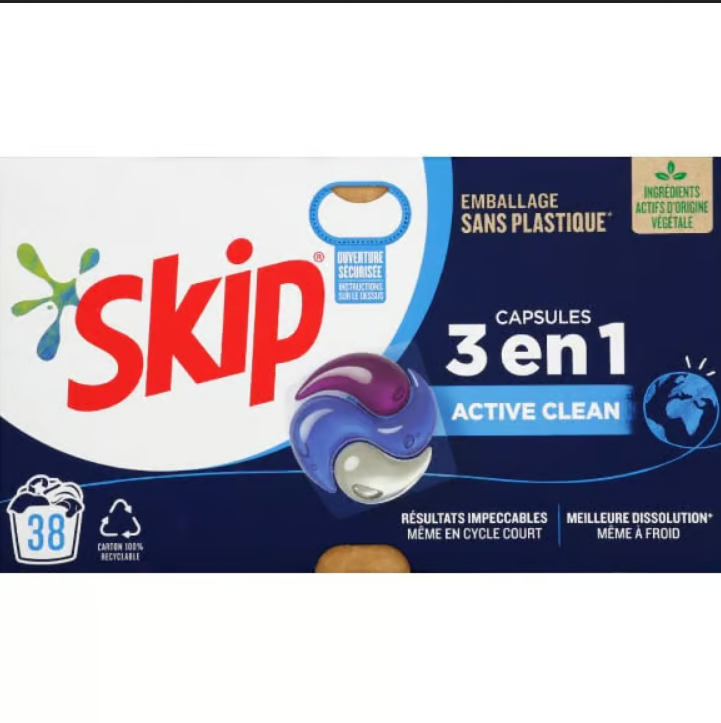 Paquet de 38 capsules de Lessive Skip 3-en-1 en promotion chez Auchan.
