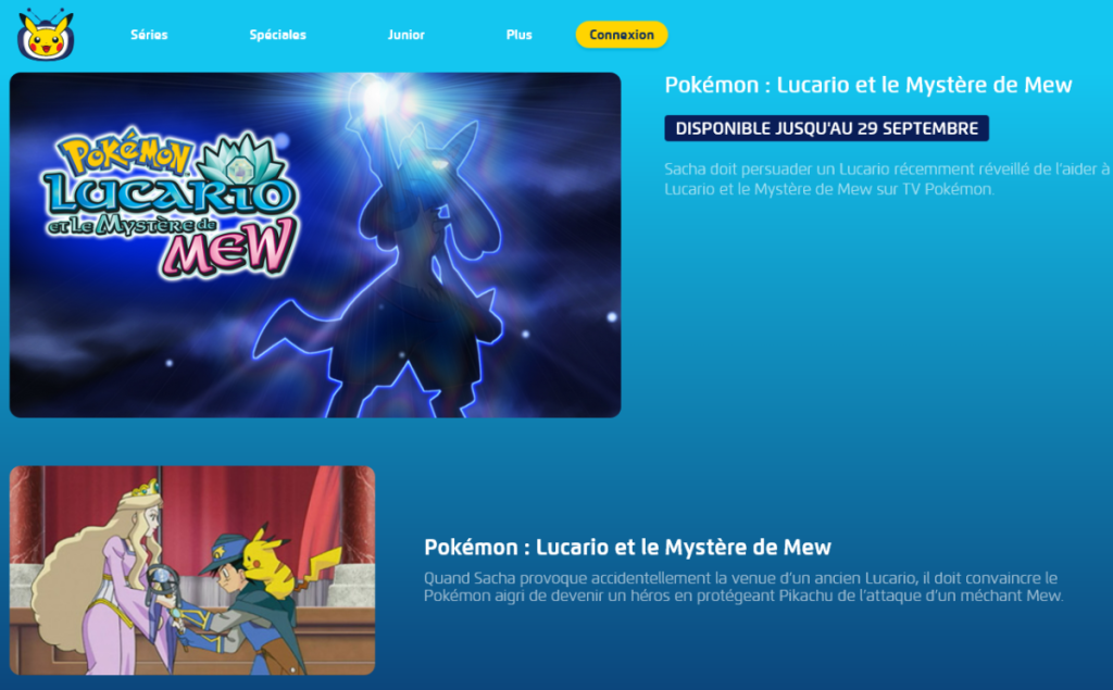 Capture d'écran de l'offre spéciale Pokémon Lucario et le Mystère de Mew en streaming gratuit