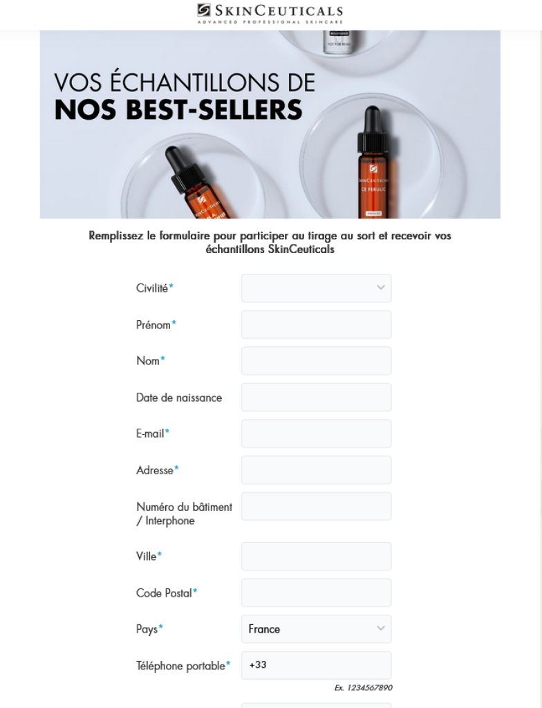 Participez au Jeu-Concours SkinCeuticals Capture d'écran du formulaire du bon plan SkinCeuticals.