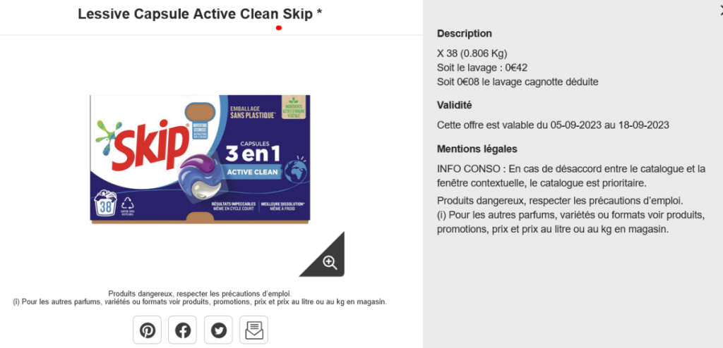 Capture d'écran de l'offre catalogue montrant la promotion de 80% sur la Lessive Skip 3-en-1 chez Auchan.