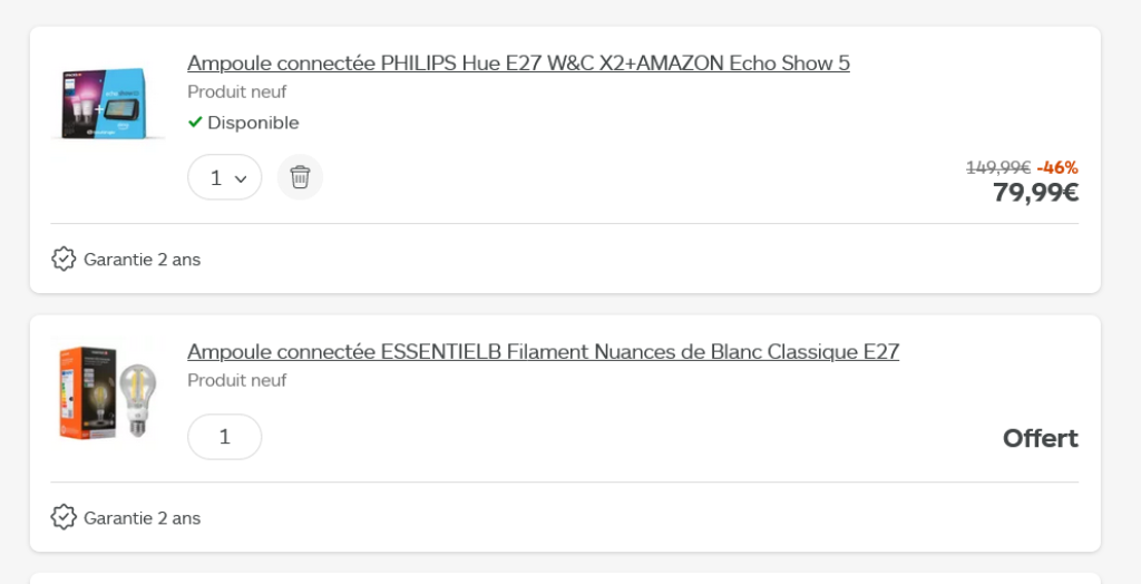 Capture d'écran du panier avec le pack Philips Hue et Amazon Echo Show 5, ampoule Essentielb E27 offerte en bonus