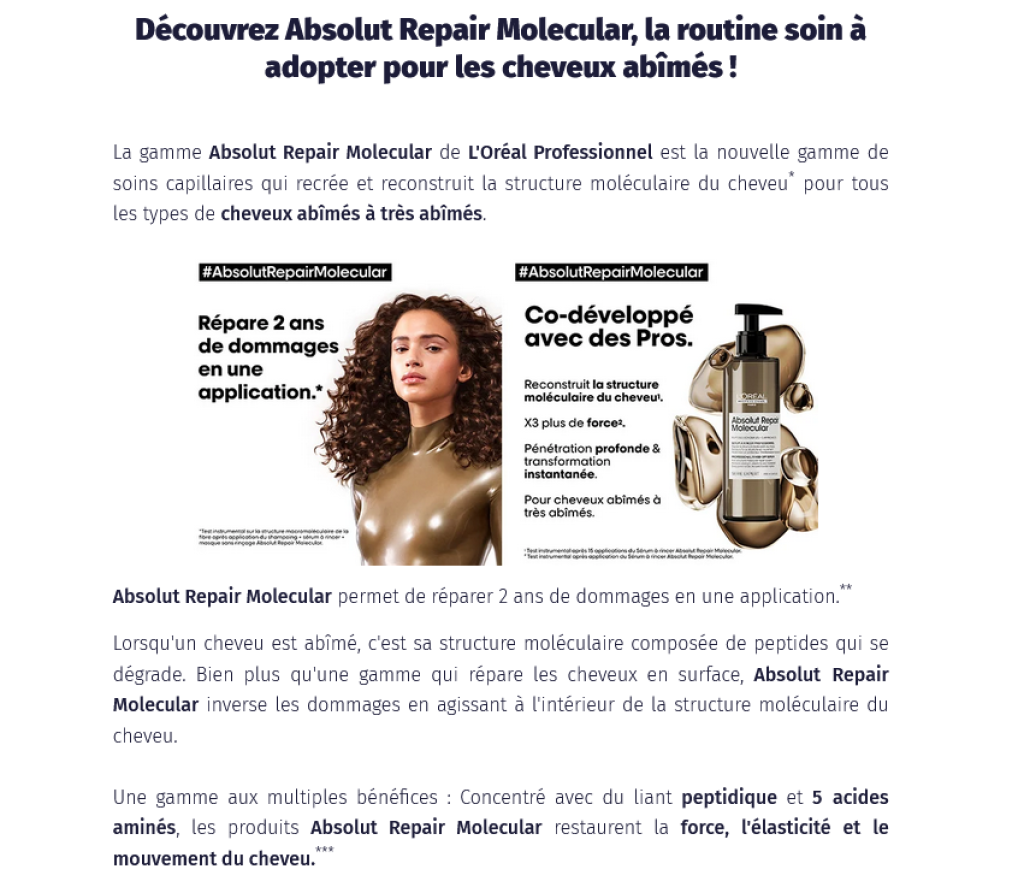 sampleo test loreal molecular Offre de test gratuit de la routine Absolut Repair Molecular de L’Oréal sur Sampleo.