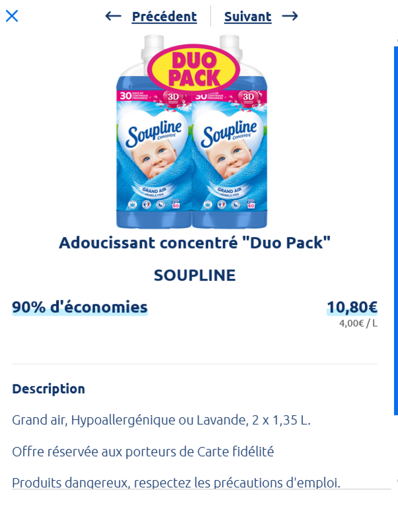 Extrait du catalogue Carrefour : promotion Soupline à -90%.