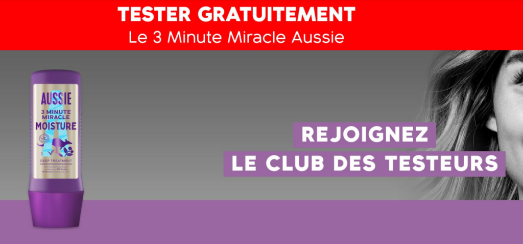 Offre de Test Gratuit d'Aussie Capture d'écran de l'offre de test gratuit du Soin Cheveux 3 Minute Miracle Moisture d'Aussie