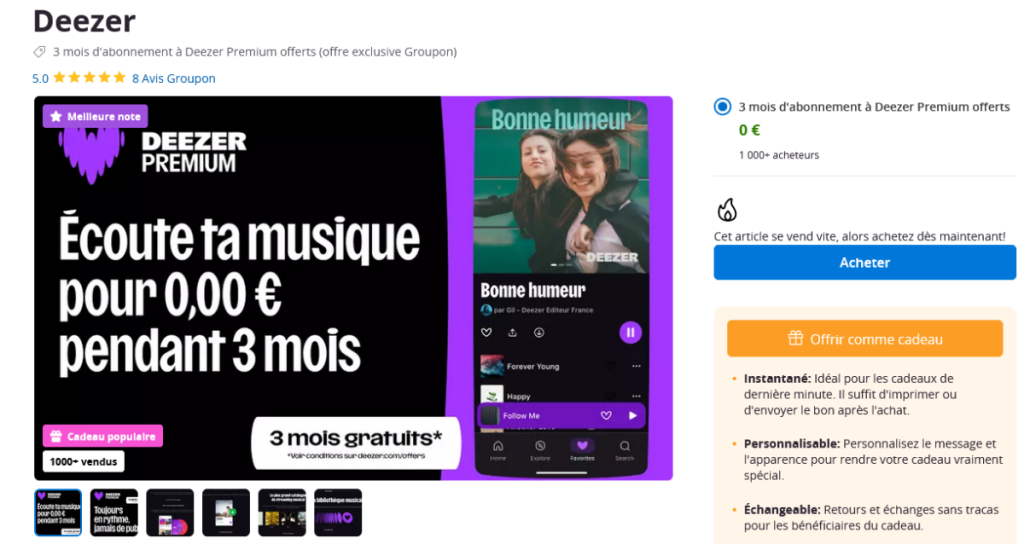 Capture Offre Deezer Premium Groupon