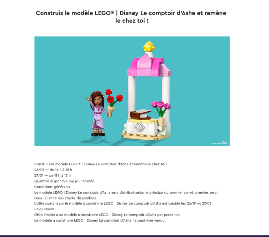 Bon Plan LEGO® Disney - Le Comptoir d'Asha Gratuit Preuve du bon plan LEGO® Disney Le Comptoir d'Asha"Titre : "Bon Plan LEGO® Disney - Le Comptoir d'Asha Gratuit