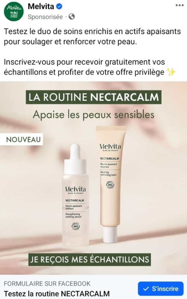  Formulaire sponsorisé pour l'inscription aux échantillons gratuits Melvita.