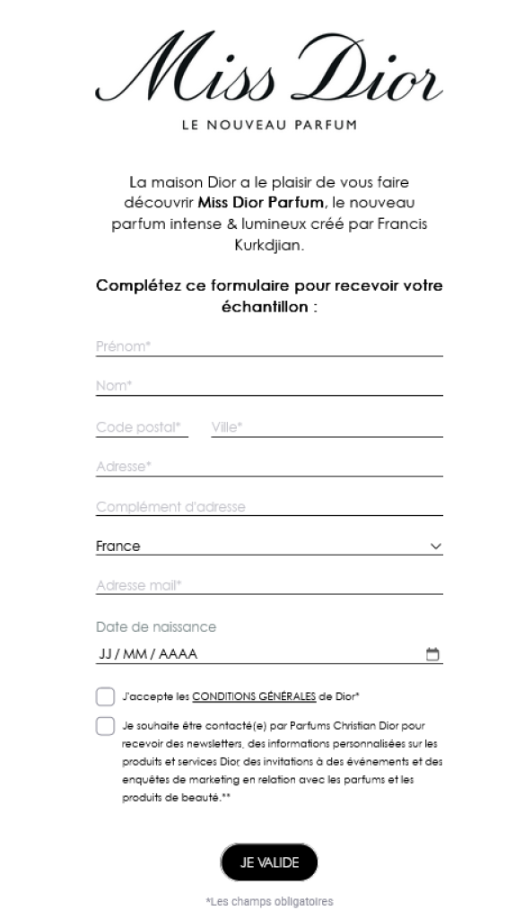 Formulaire de Demande Échantillon Miss Dior Formulaire demande échantillon Miss Dior