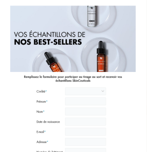 Capture d'écran du formulaire de demande pour recevoir les échantillons gratuits SkinCeuticals