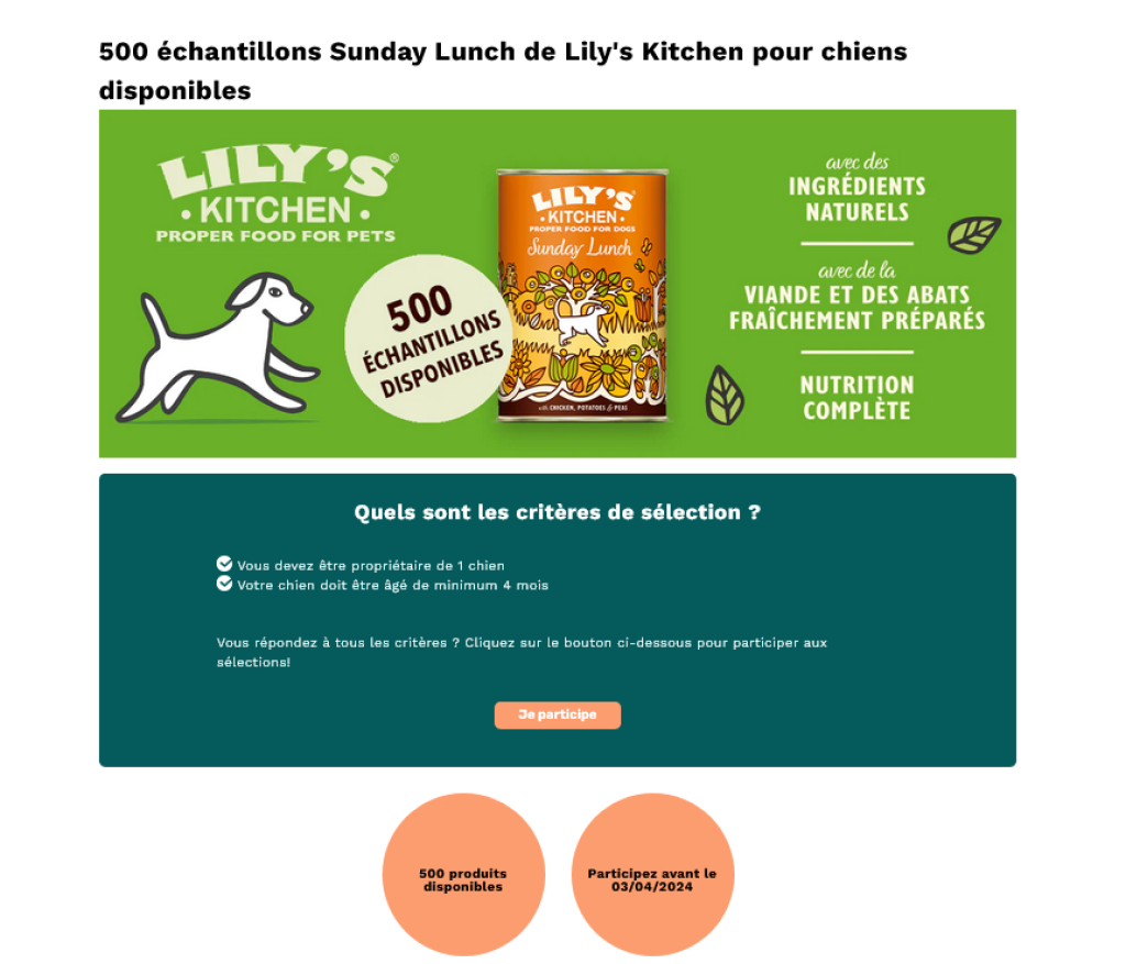  Capture d'écran de l'offre d'échantillons gratuits Lily's Kitchen pour chiens.