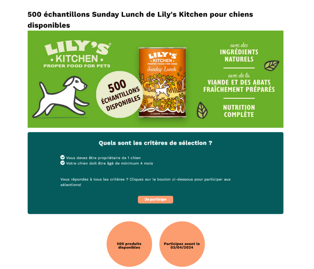 Formulaire de demande d'Échantillons Gratuits Lily's Kitchen "Déjeuner du Dimanche Capture d'écran de l'offre d'échantillons gratuits Lily's Kitchen pour chiens.