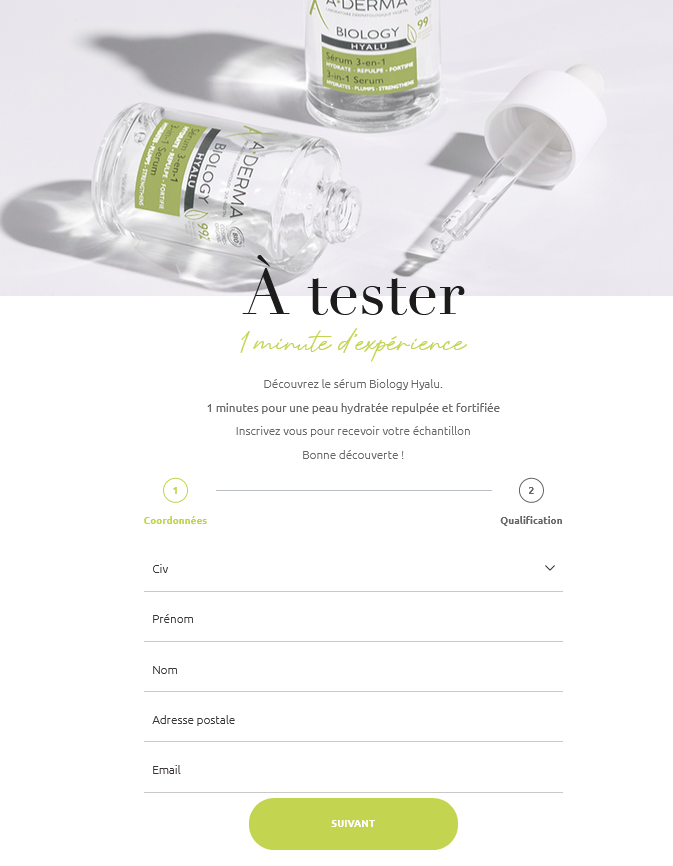 Inscrivez-vous pour l'échantillon A-Derma formulaire echantillon aderma