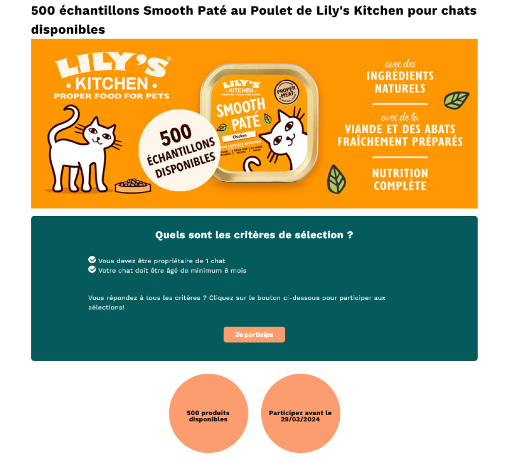 Obtenez un échantillon gratuit de pâtée Lily's Kitchen au Poulet pour votre chat.