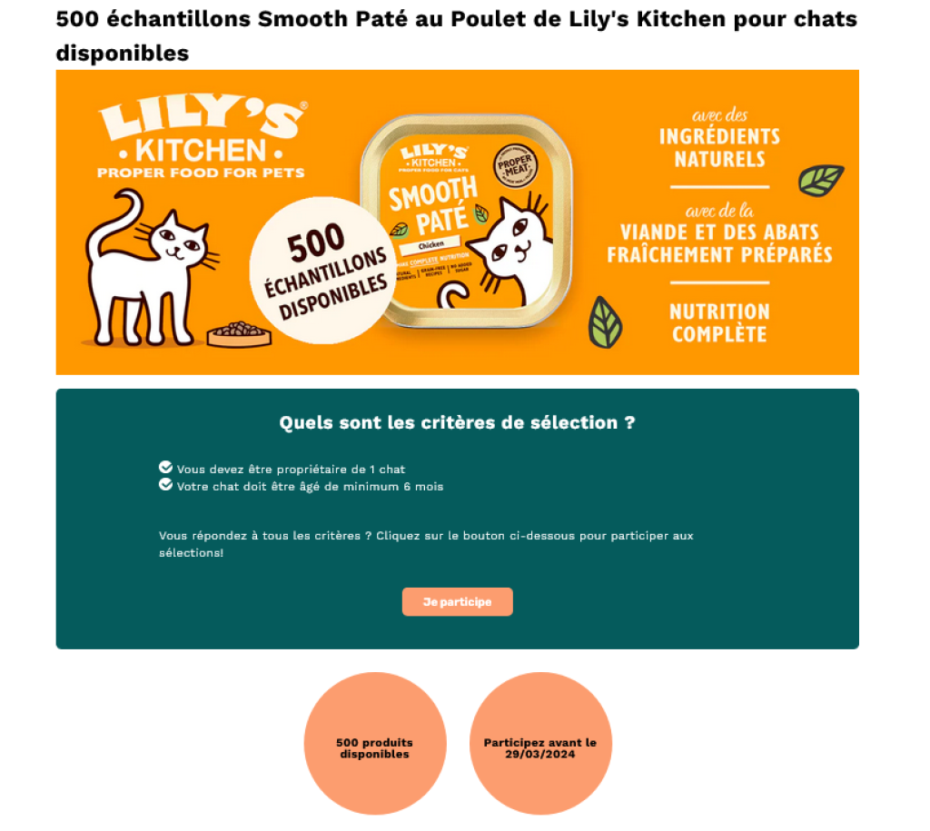 500 Échantillons Gratuits Lily's Kitchen Obtenez un échantillon gratuit de pâtée Lily's Kitchen au Poulet pour votre chat.