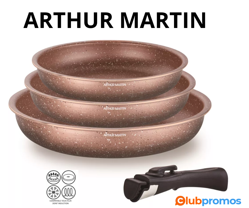 Batterie de cuisine ARTHUR MARTIN en aluminium avec poignées amovibles, disponible à prix réduit