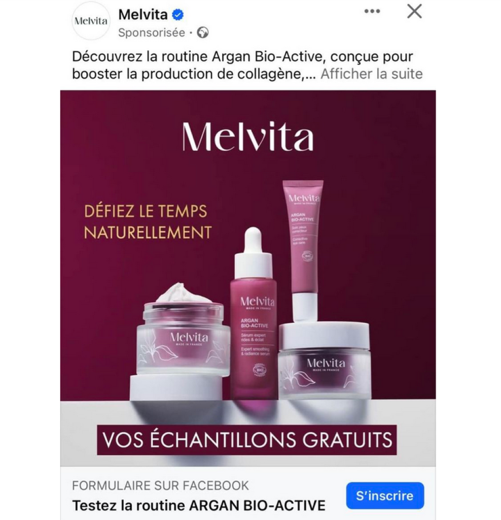 Offre sponsorisée sur Facebook pour des échantillons gratuits Melvita Argan Active