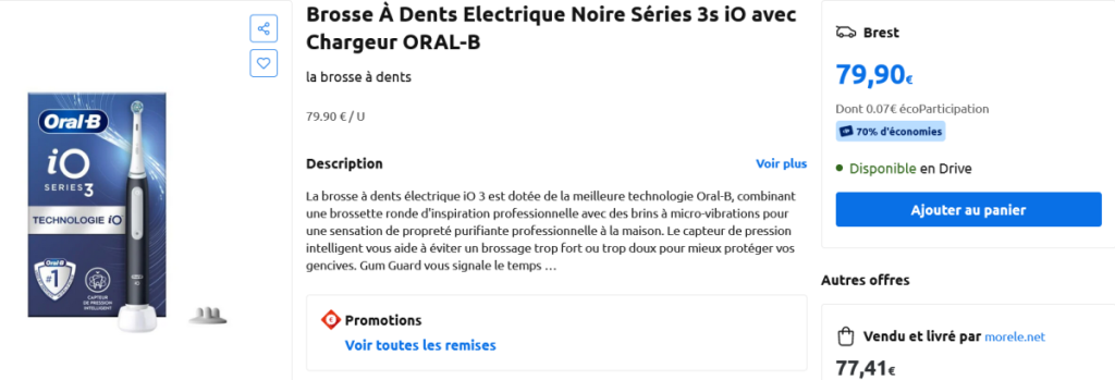 Économisez 70% sur la brosse à dents Oral-B Série 3s iO chez Carrefour, affichage de l'offre