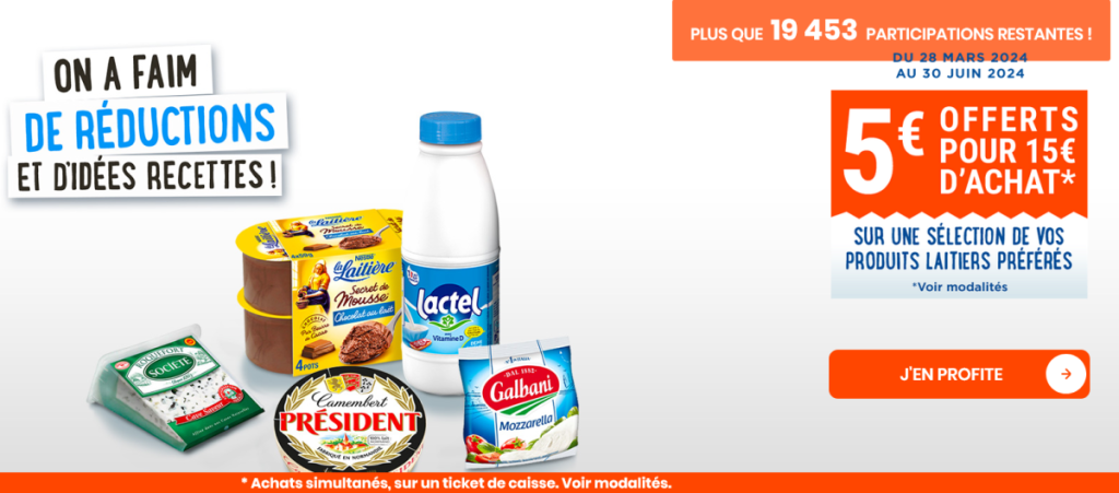 : Capture d'écran montrant l'offre de 5€ de réduction sur les produits laitiers Lactalis pour un achat minimum de 15€.