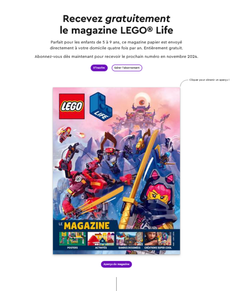 Formulaire de demande du Magazine LEGO Life gratuit Visuel de l'offre gratuite du magazine LEGO Life pour enfants.