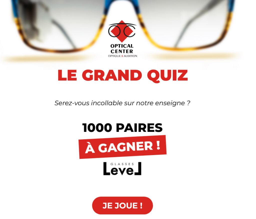 Bannière du Grand Quiz d'Optical Center avec 1000 paires de lunettes à gagner