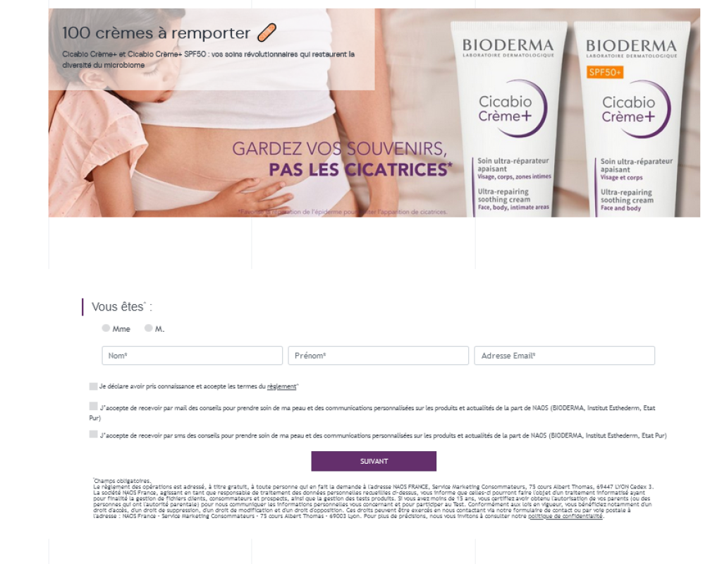 Formulaire pour le bon plan Bioderma Cicabio sur Club Promos