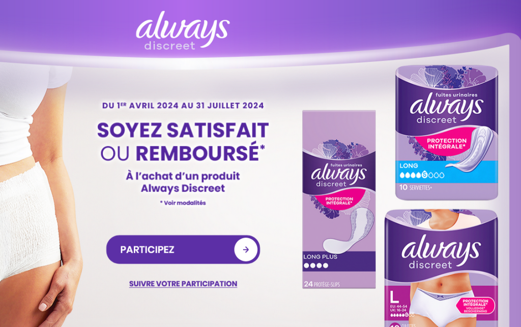 "offre-remboursement always discreet 2024 Offre de remboursement Always Discreet pour l'incontinence, validité limitée