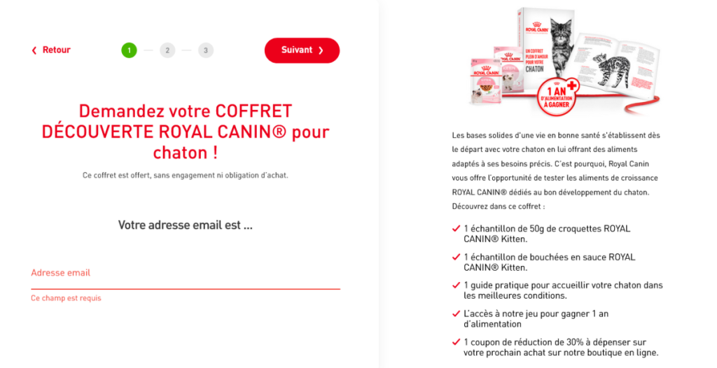 Offre Coffret Royal Canin Chaton Capture d'écran de l'offre pour obtenir un coffret découverte Royal Canin gratuit pour chaton remplissez le formulaire