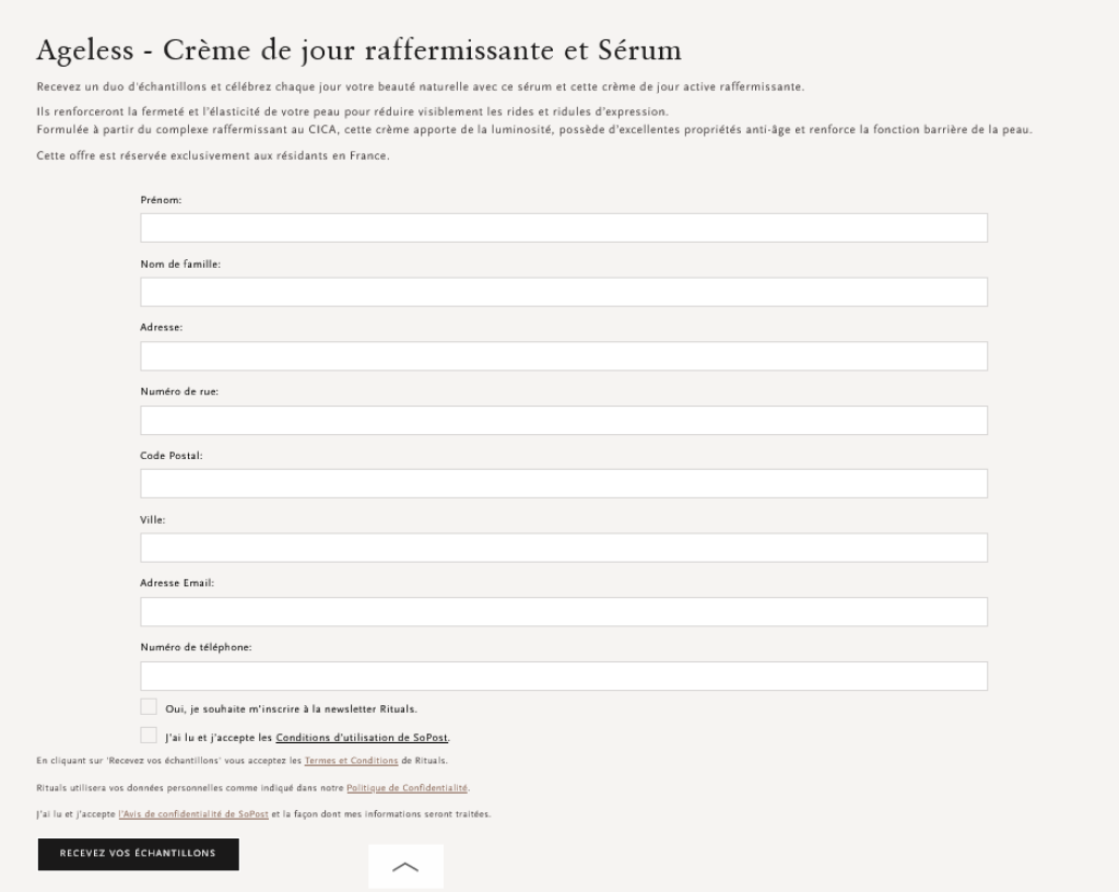 Formulaire pour Échantillons Gratuits Rituals Ageless Formulaire de demande d'échantillons Rituals Ageless Ageless - Crème de jour raffermissante et Sérum