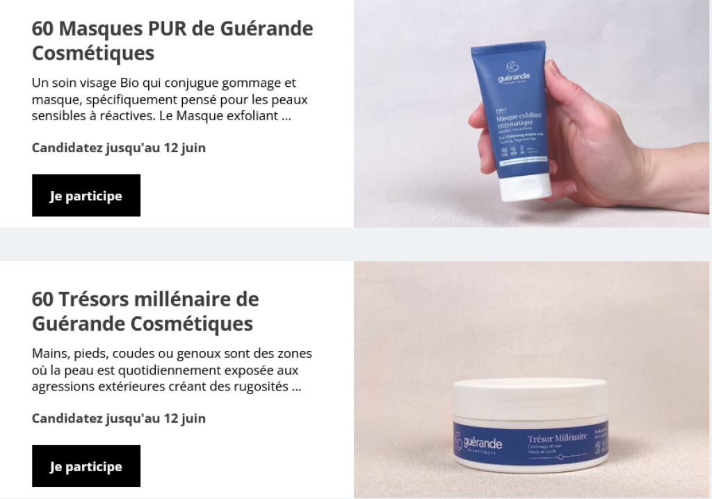 120 produits Guérande Cosmétiques gratuits à tester - 120 produits de soin Guérande Cosmétiques à tester gratuitement.
