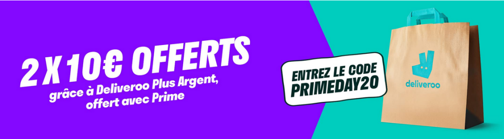 Offre Exclusive Deliveroo Plus x Amazon Prime Offre Deliveroo Plus Amazon Prime - 2x10€ de réduction et abonnement gratuit